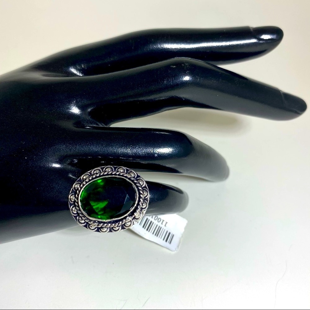 Faux sparkling Emerald German Silver ring size 6